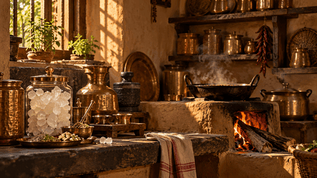 A traditional Indian household kitchen where mishri is kept and shared