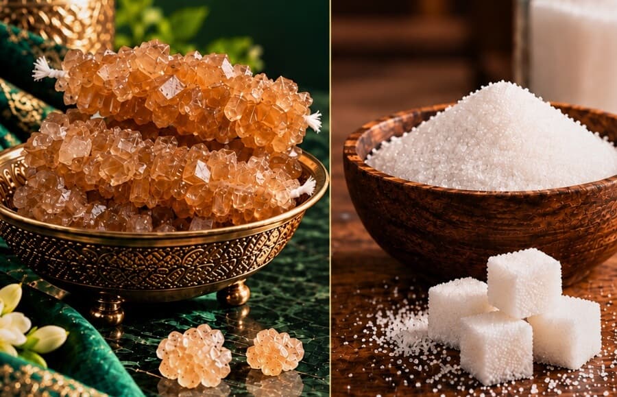 Side by side: amber thread mishri crystals in a brass bowl on emerald silk, and a wooden bowl of white granulated sugar with sugar cubes